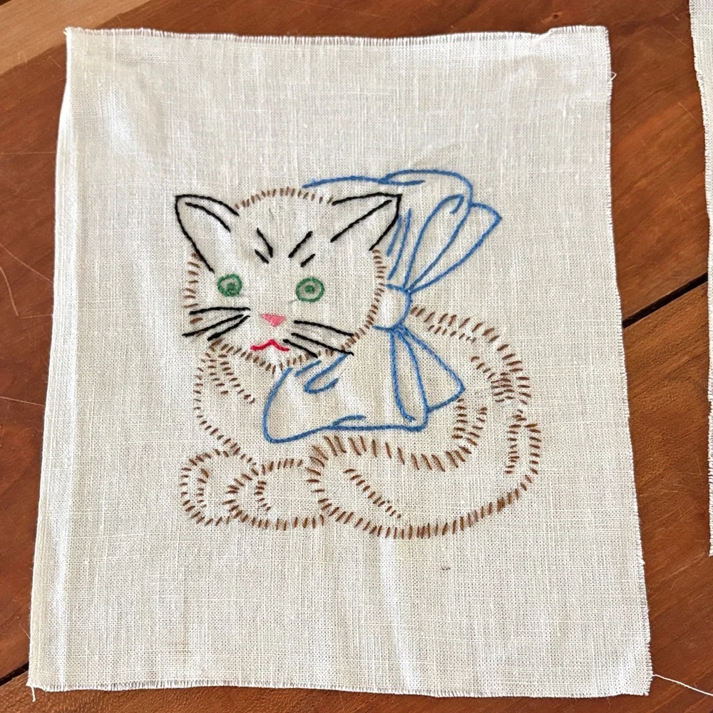 Hand Embroidered Cat Linen Squares - Blue and Pink
